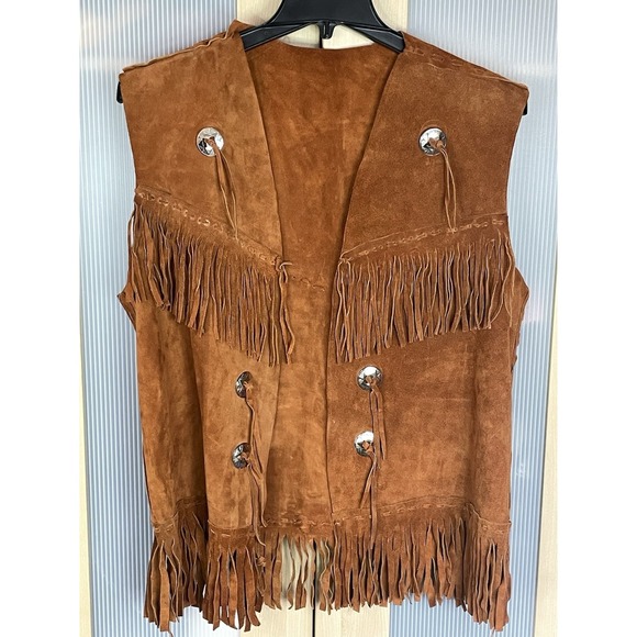 Vintage Fringe Leather Vest Unisex Suede Western Boho Hippie Tribal Festival L - Picture 3 of 10